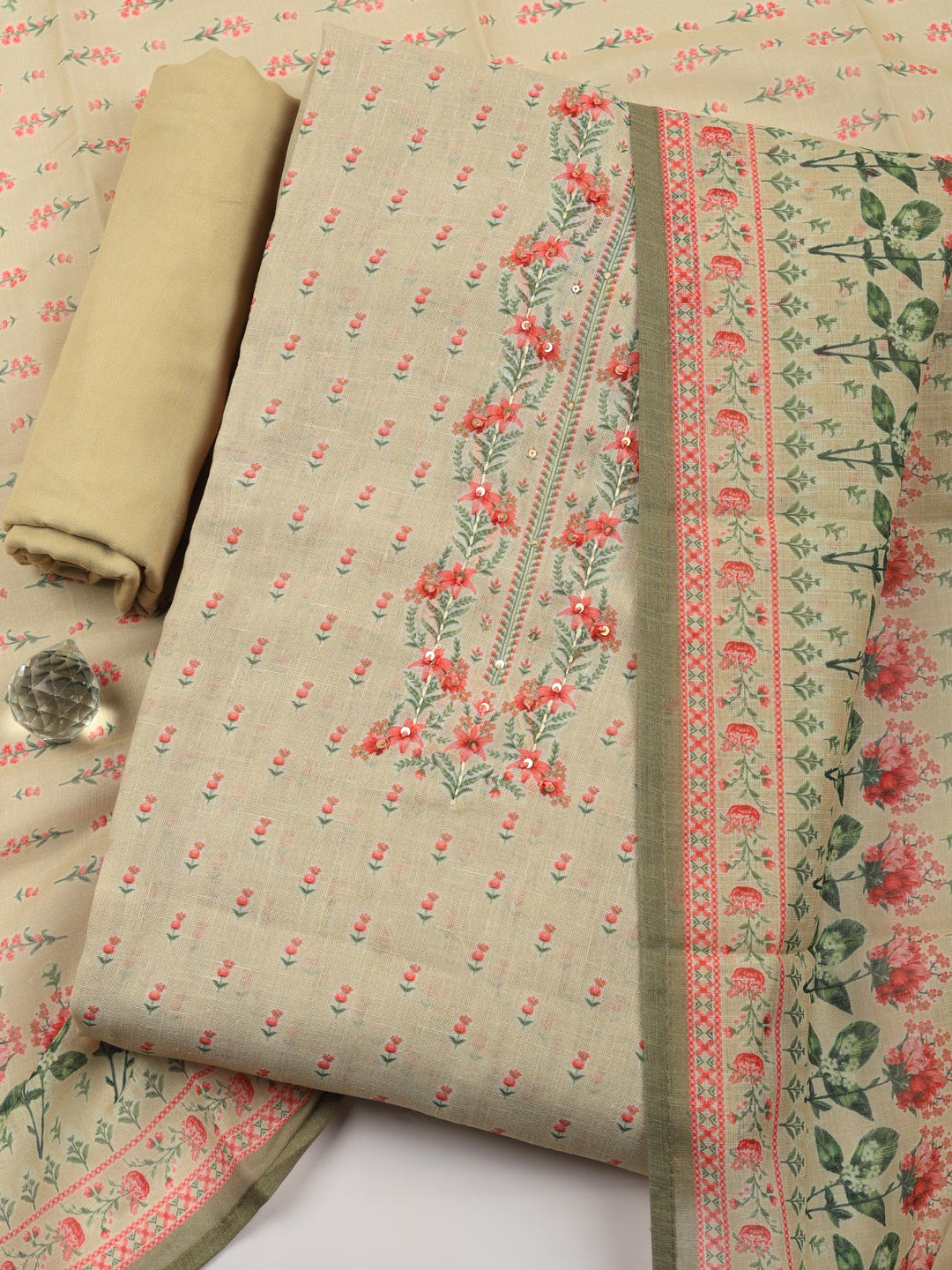 Beige Printed Linen Blend Unstitched Suit &amp; Pant With Linen Dupatta