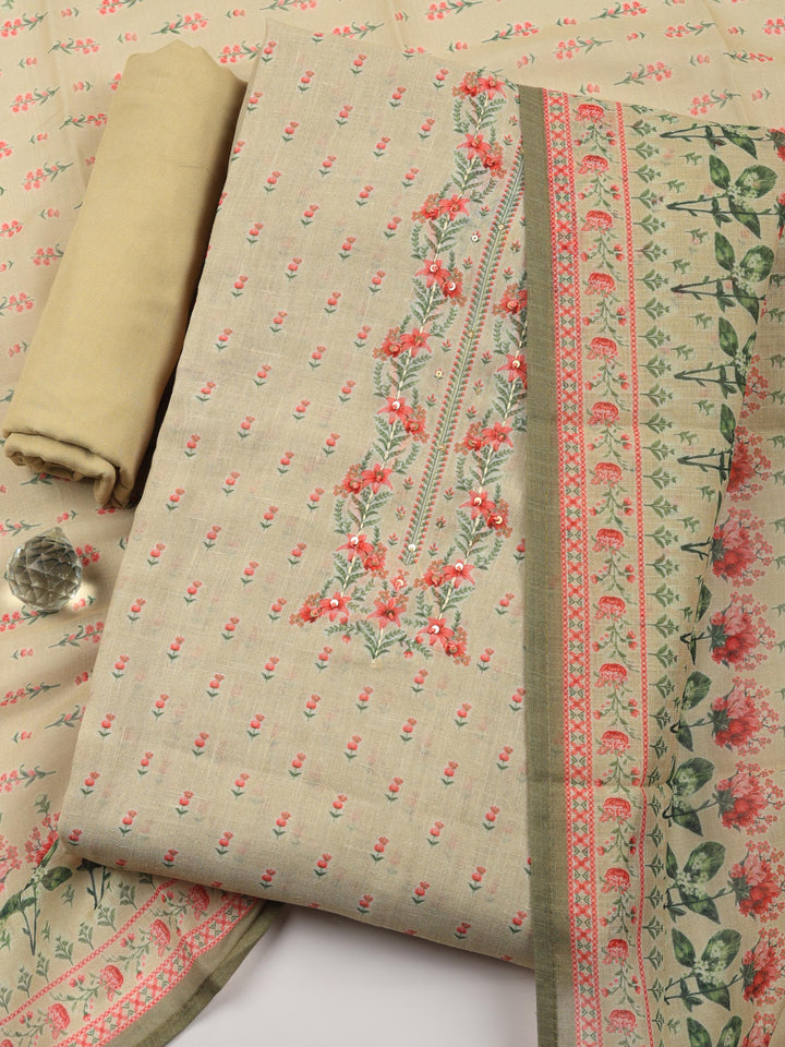 Beige Printed Linen Blend Unstitched Suit &amp; Pant With Linen Dupatta