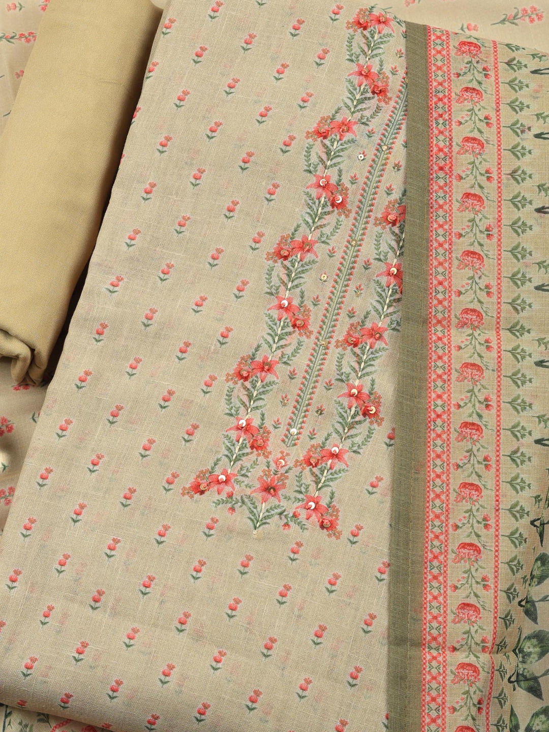Beige Printed Linen Blend Unstitched Suit &amp; Pant With Linen Dupatta