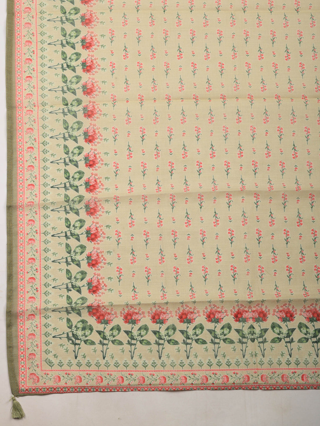 Beige Printed Linen Blend Unstitched Suit &amp; Pant With Linen Dupatta