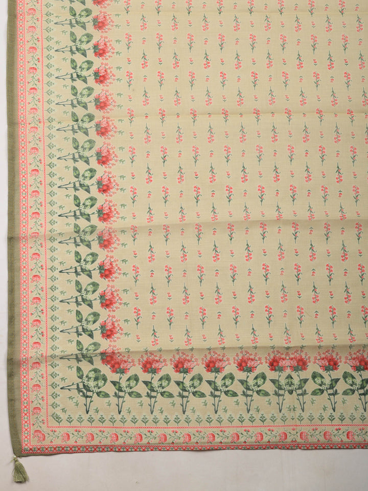 Beige Printed Linen Blend Unstitched Suit &amp; Pant With Linen Dupatta