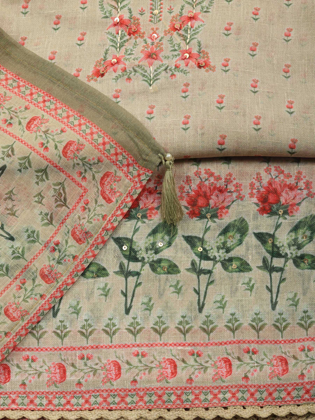 Beige Printed Linen Blend Unstitched Suit &amp; Pant With Linen Dupatta