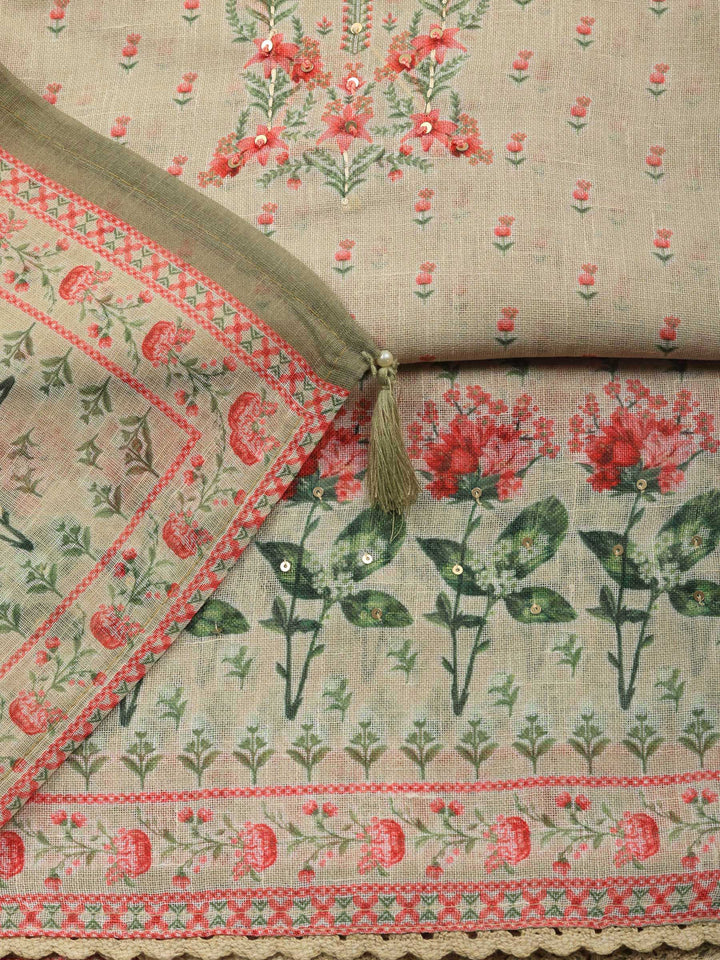 Beige Printed Linen Blend Unstitched Suit &amp; Pant With Linen Dupatta