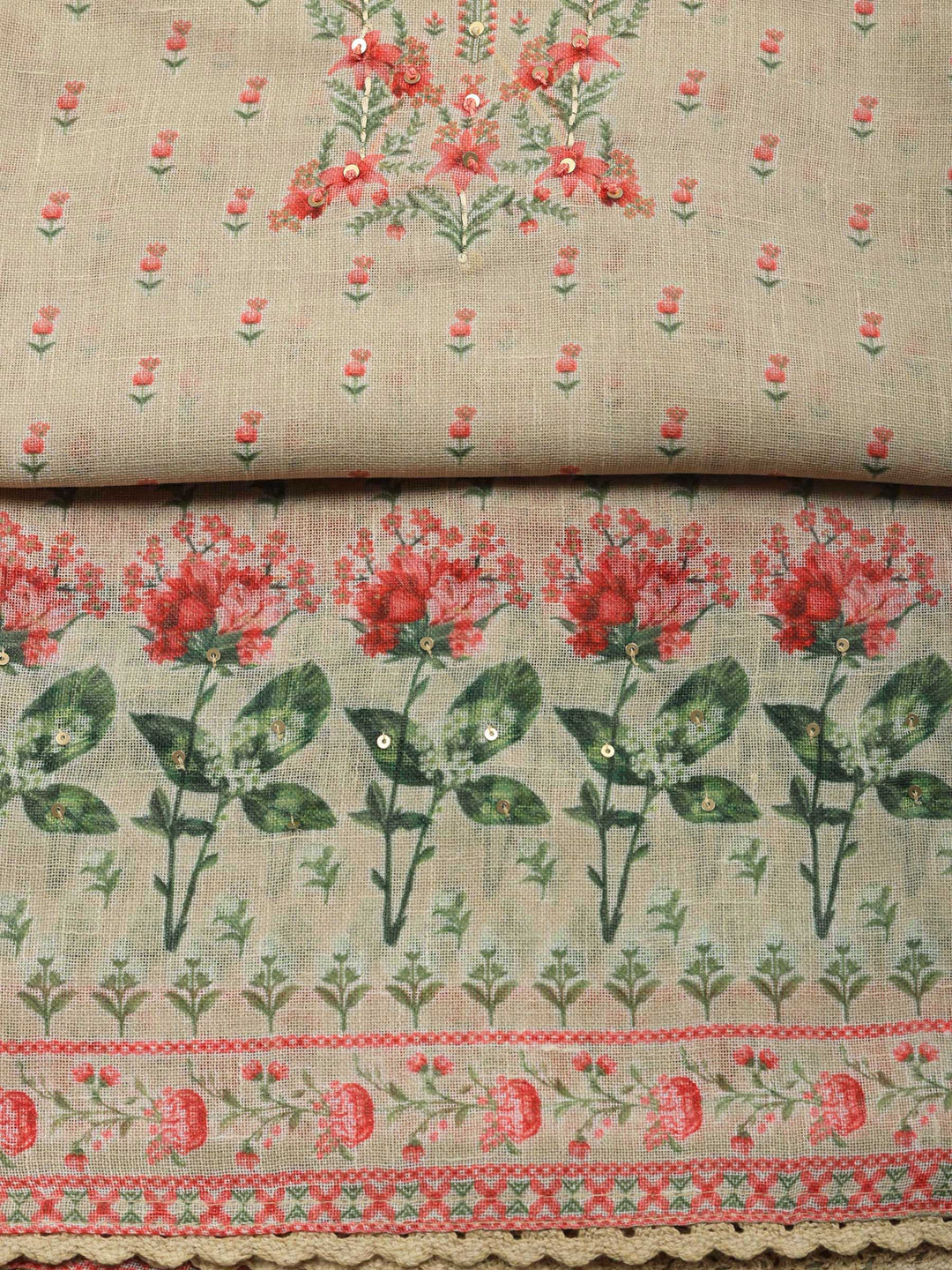 Beige Printed Linen Blend Unstitched Suit &amp; Pant With Linen Dupatta