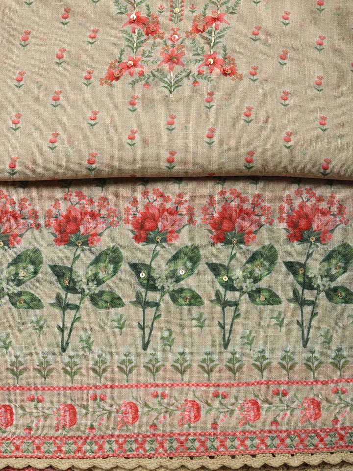 Beige Printed Linen Blend Unstitched Suit &amp; Pant With Linen Dupatta