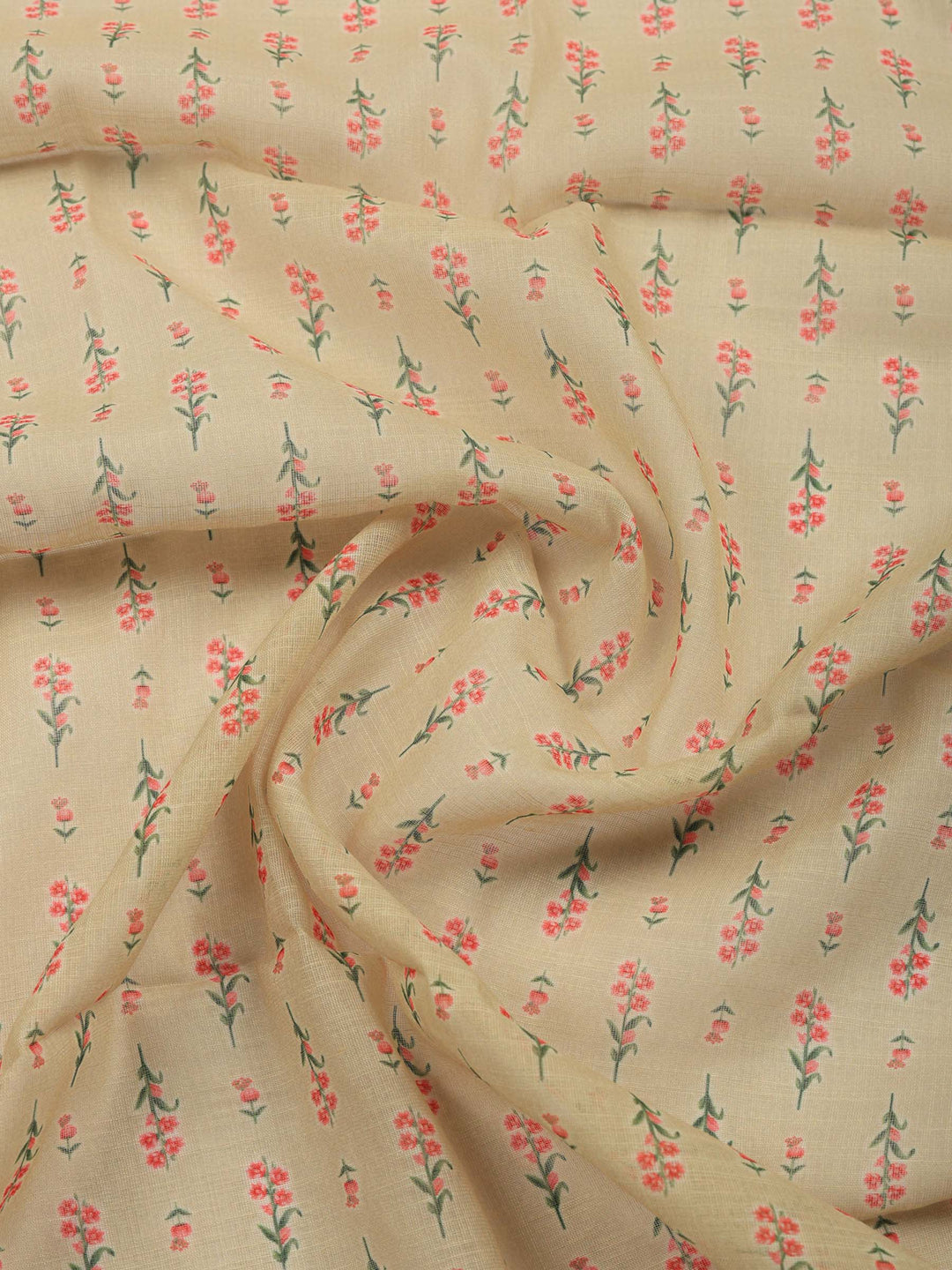 Beige Printed Linen Blend Unstitched Suit &amp; Pant With Linen Dupatta