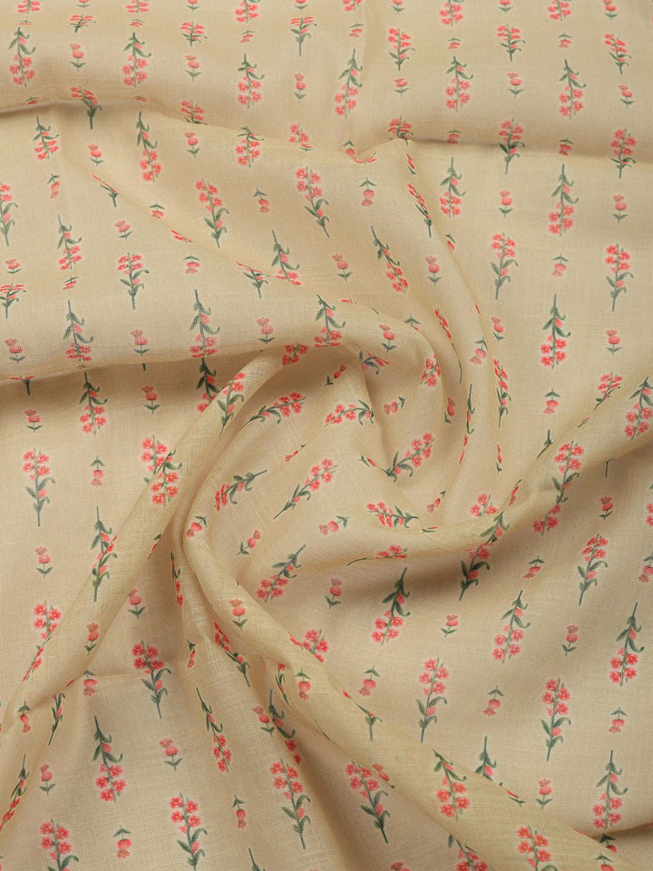 Beige Printed Linen Blend Unstitched Suit &amp; Pant With Linen Dupatta