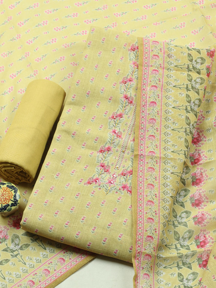 Mustard Printed Linen Blend Unstitched Suit &amp; Pant With Linen Dupatta