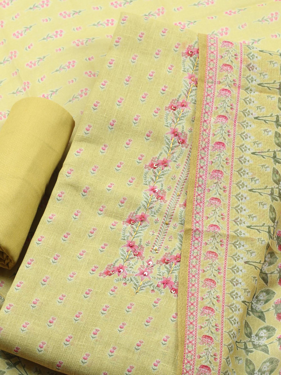 Mustard Printed Linen Blend Unstitched Suit &amp; Pant With Linen Dupatta