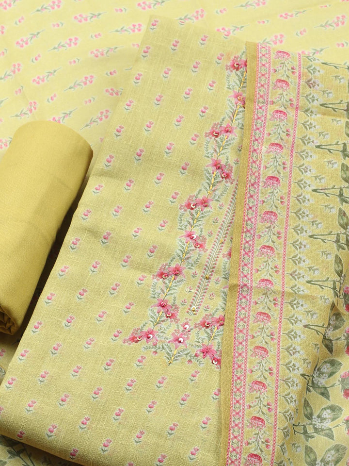 Mustard Printed Linen Blend Unstitched Suit &amp; Pant With Linen Dupatta