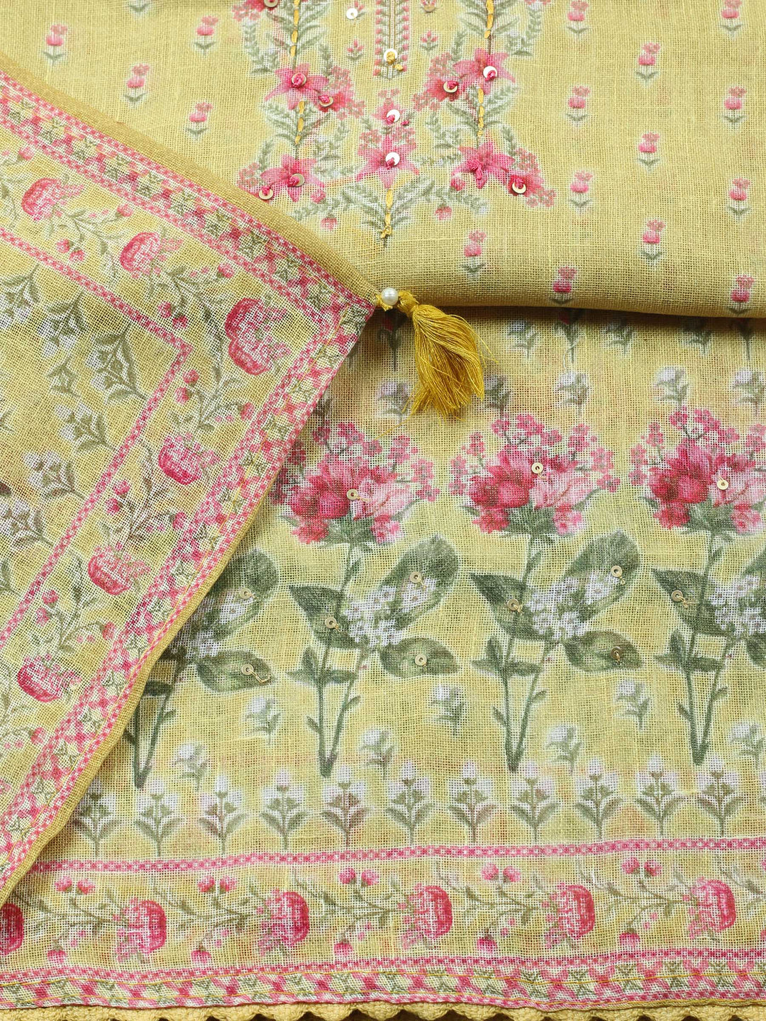 Mustard Printed Linen Blend Unstitched Suit &amp; Pant With Linen Dupatta