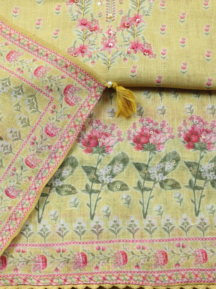 Mustard Printed Linen Blend Unstitched Suit &amp; Pant With Linen Dupatta