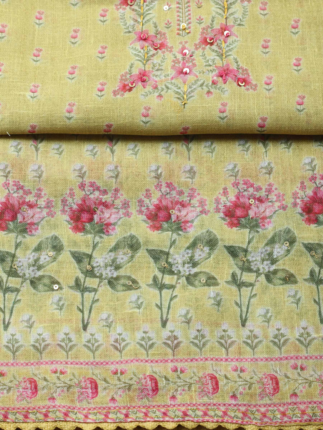 Mustard Printed Linen Blend Unstitched Suit &amp; Pant With Linen Dupatta