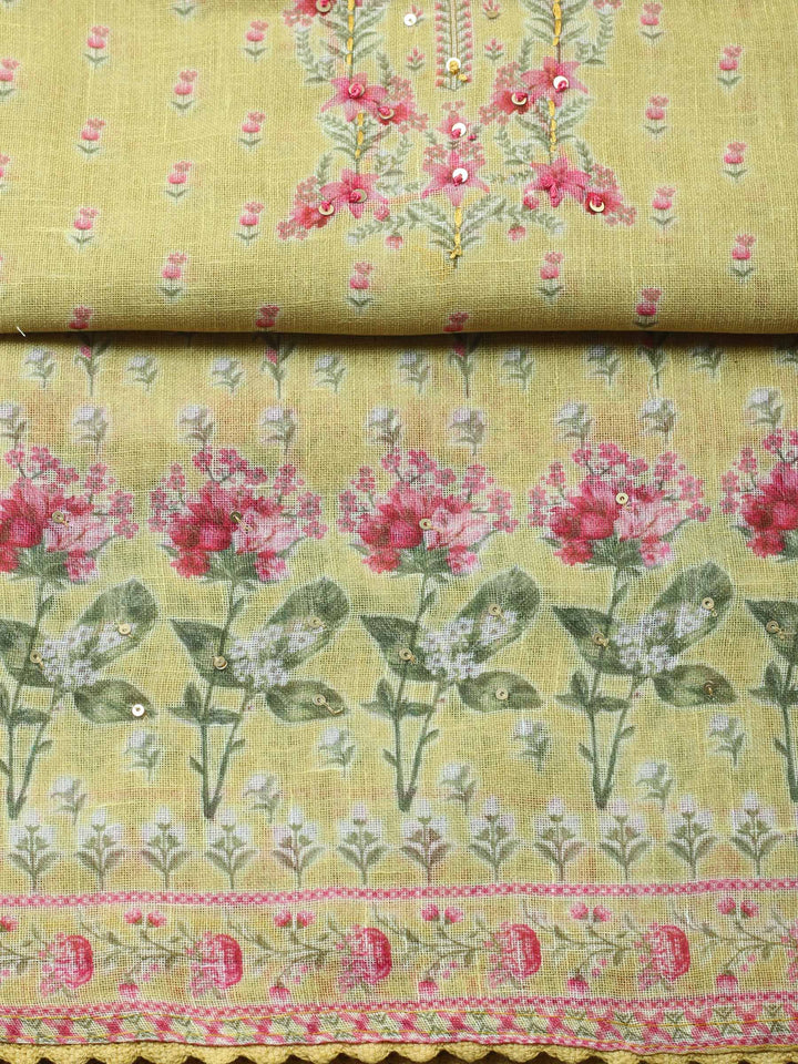 Mustard Printed Linen Blend Unstitched Suit &amp; Pant With Linen Dupatta