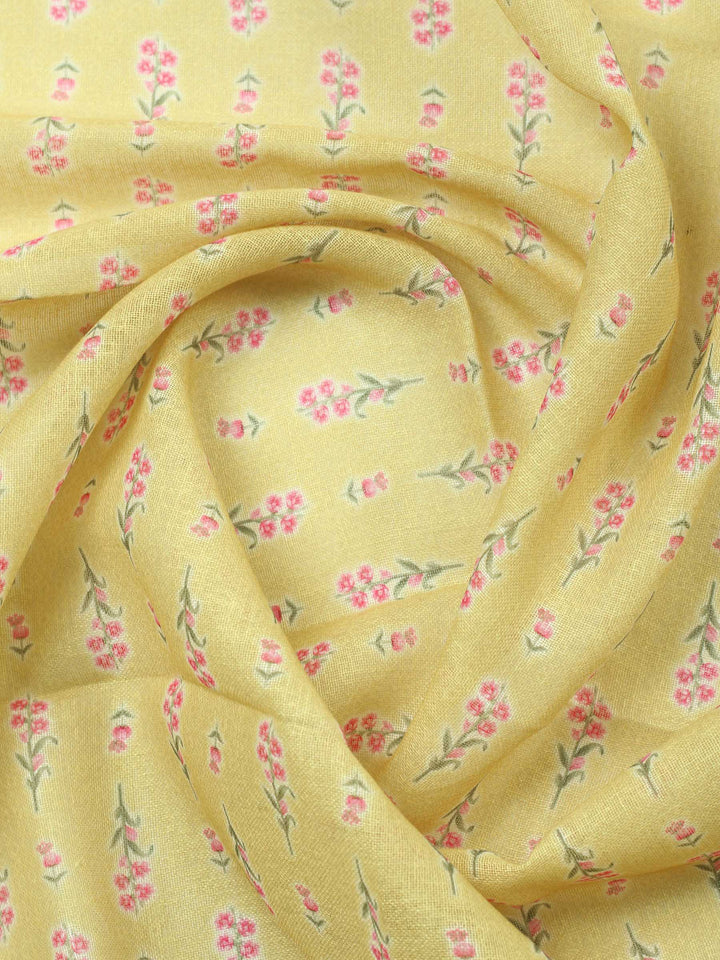 Mustard Printed Linen Blend Unstitched Suit &amp; Pant With Linen Dupatta