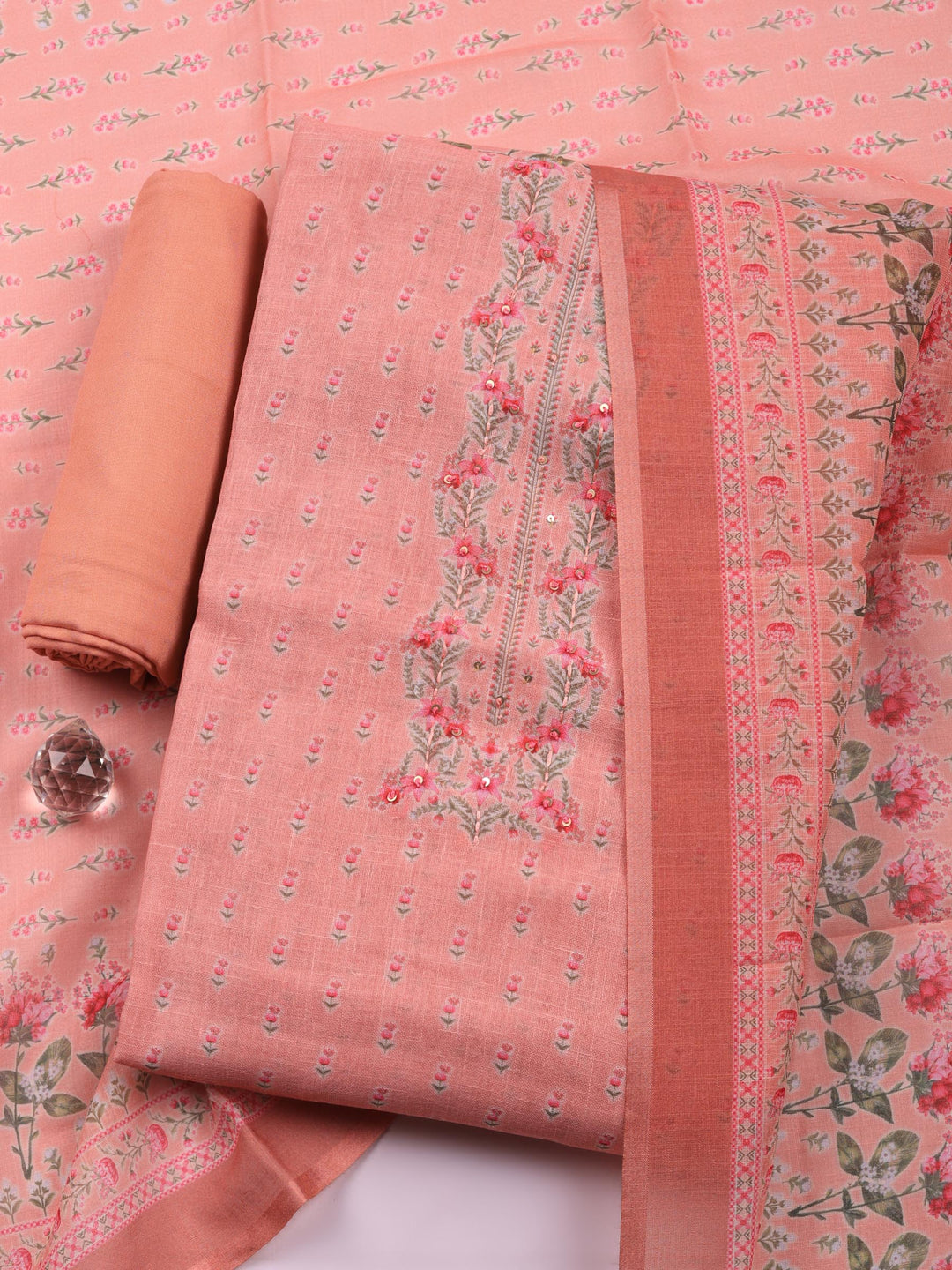 Pink Printed Linen Blend Unstitched Suit &amp; Pant With Linen Dupatta