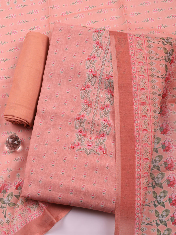 Pink Printed Linen Blend Unstitched Suit &amp; Pant With Linen Dupatta