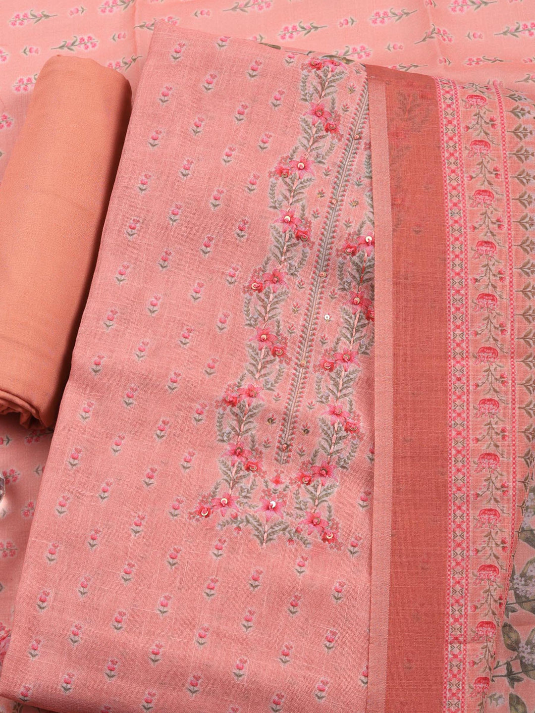 Pink Printed Linen Blend Unstitched Suit &amp; Pant With Linen Dupatta
