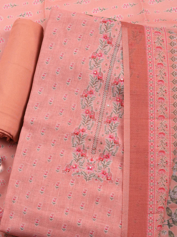 Pink Printed Linen Blend Unstitched Suit &amp; Pant With Linen Dupatta