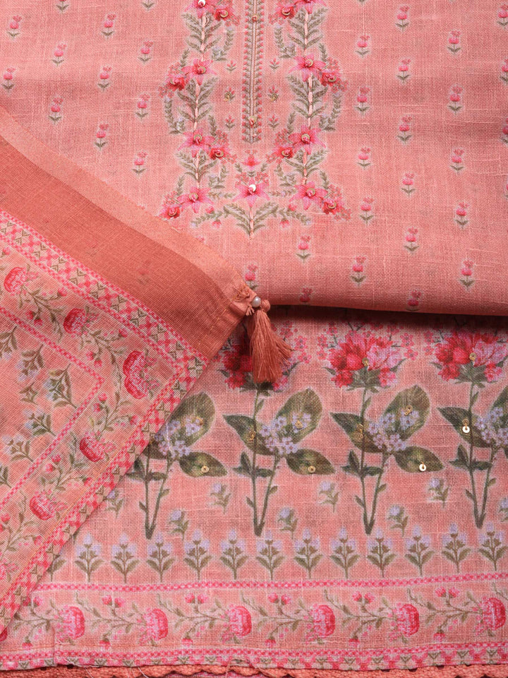 Pink Printed Linen Blend Unstitched Suit &amp; Pant With Linen Dupatta