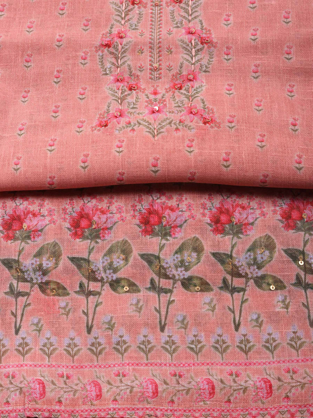 Pink Printed Linen Blend Unstitched Suit &amp; Pant With Linen Dupatta