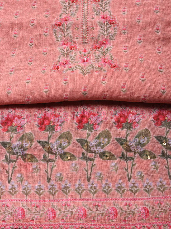 Pink Printed Linen Blend Unstitched Suit &amp; Pant With Linen Dupatta