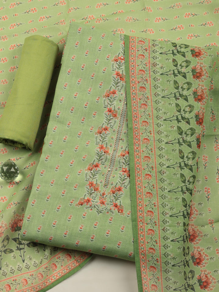 Pista Green Printed Linen Blend Unstitched Suit &amp; Pant With Linen Dupatta