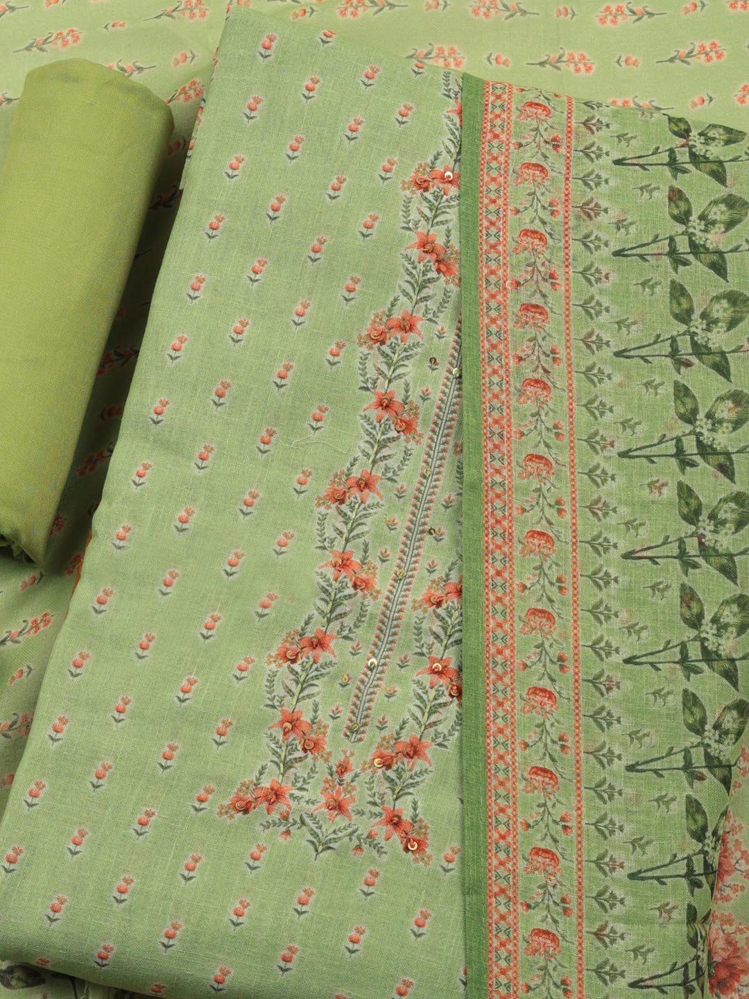Pista Green Printed Linen Blend Unstitched Suit &amp; Pant With Linen Dupatta