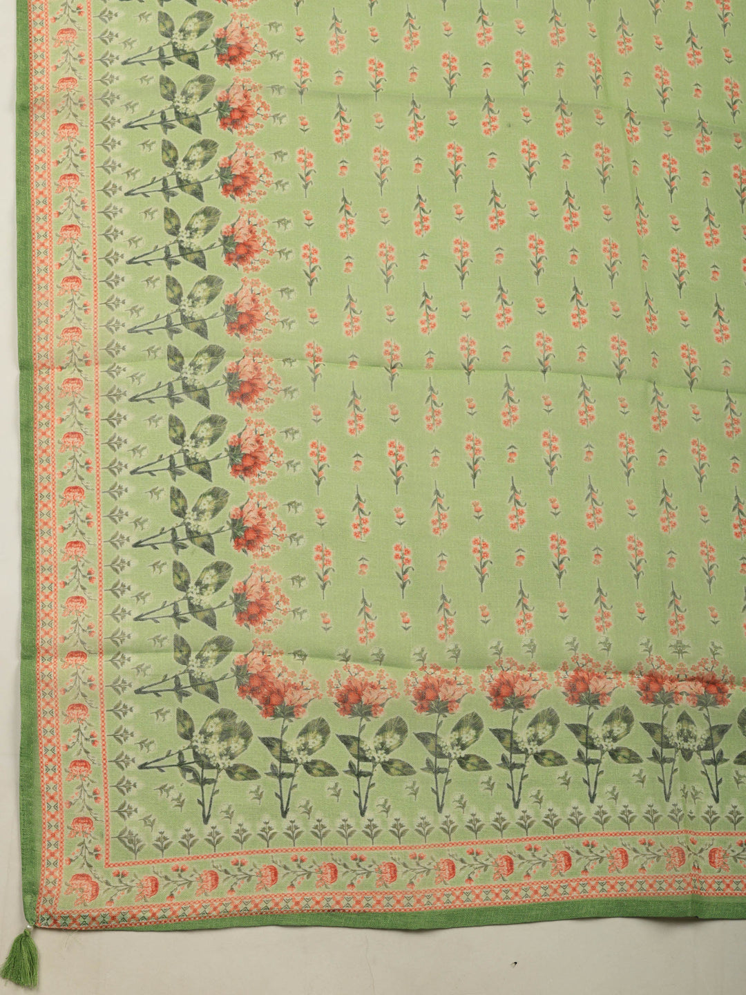 Pista Green Printed Linen Blend Unstitched Suit &amp; Pant With Linen Dupatta