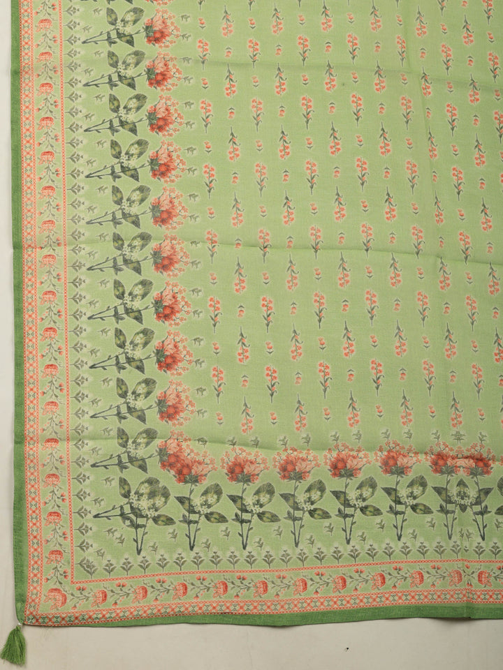 Pista Green Printed Linen Blend Unstitched Suit &amp; Pant With Linen Dupatta
