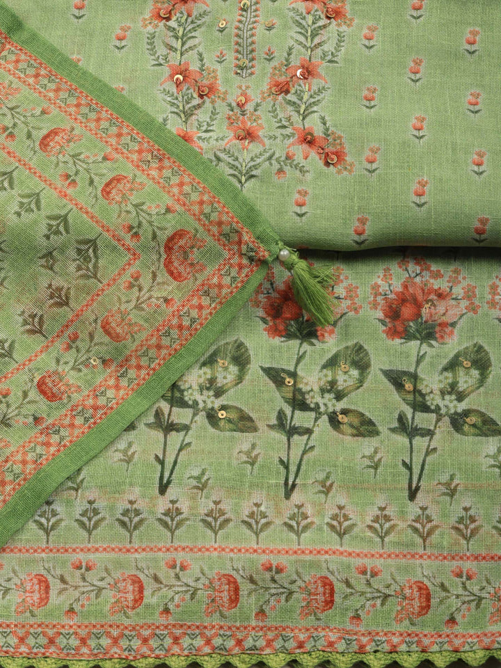 Pista Green Printed Linen Blend Unstitched Suit &amp; Pant With Linen Dupatta