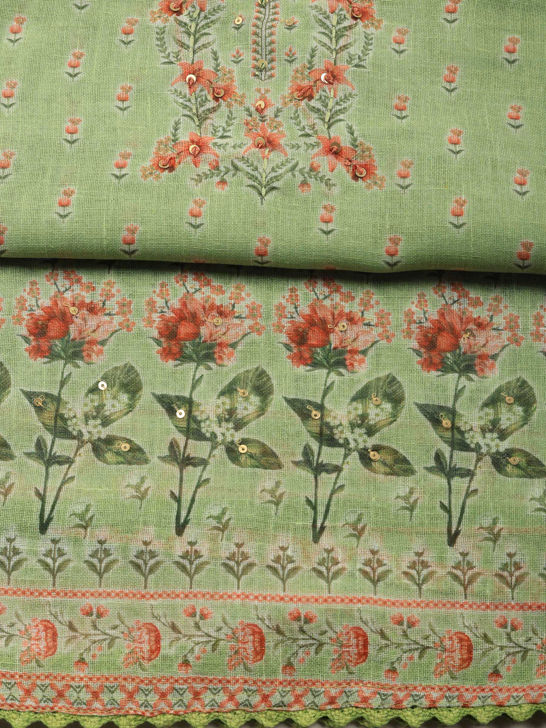 Pista Green Printed Linen Blend Unstitched Suit &amp; Pant With Linen Dupatta