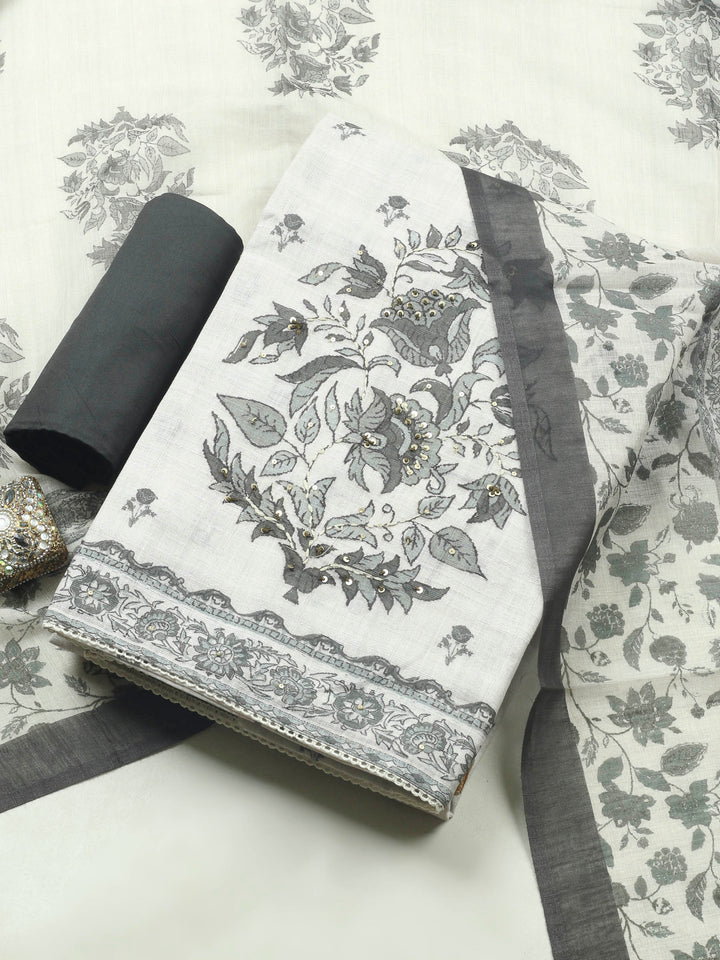 Beige Floral Printed Linen Blend Unstitched Suit &amp; Pant With Linen Dupatta