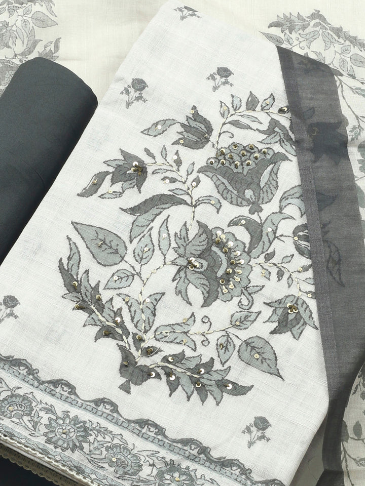Beige Floral Printed Linen Blend Unstitched Suit &amp; Pant With Linen Dupatta