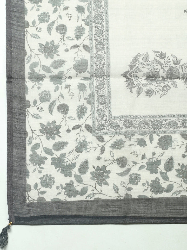 Beige Floral Printed Linen Blend Unstitched Suit &amp; Pant With Linen Dupatta