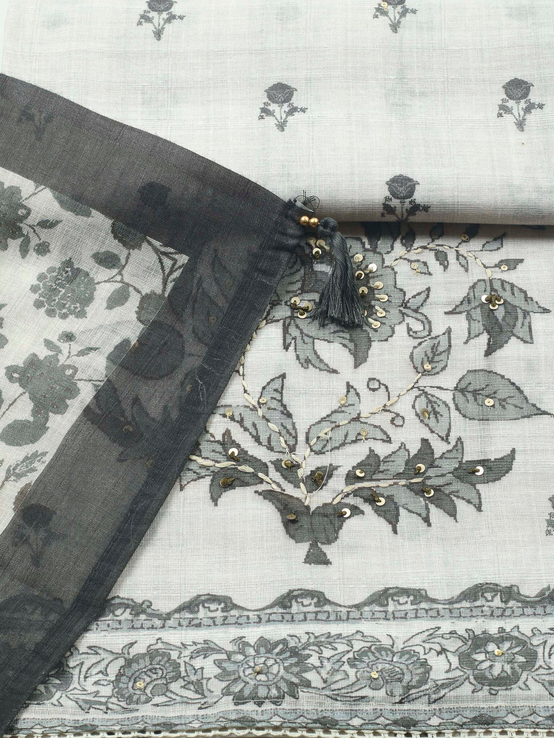 Beige Floral Printed Linen Blend Unstitched Suit &amp; Pant With Linen Dupatta