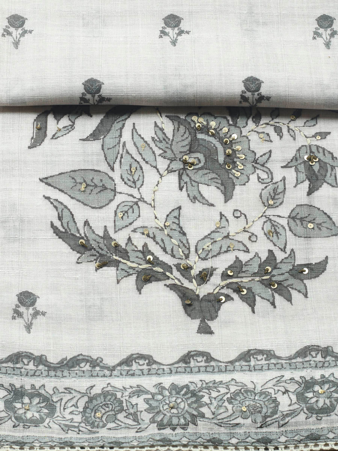 Beige Floral Printed Linen Blend Unstitched Suit &amp; Pant With Linen Dupatta