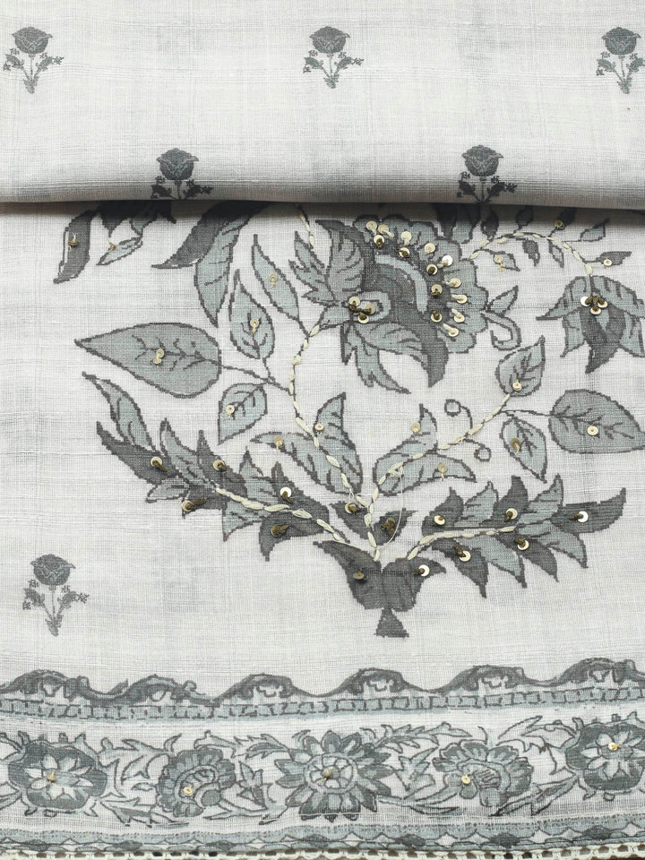 Beige Floral Printed Linen Blend Unstitched Suit &amp; Pant With Linen Dupatta