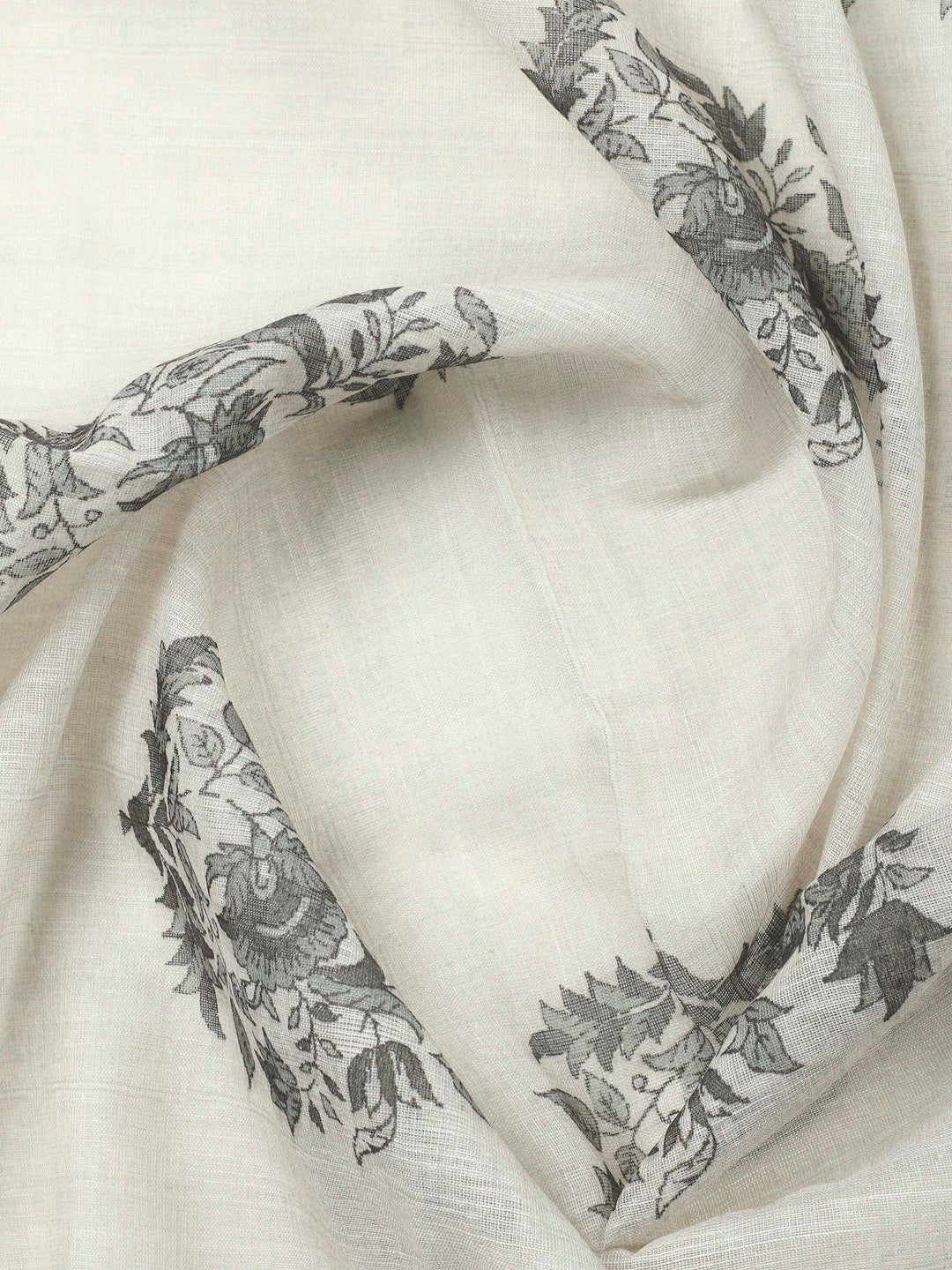 Beige Floral Printed Linen Blend Unstitched Suit &amp; Pant With Linen Dupatta