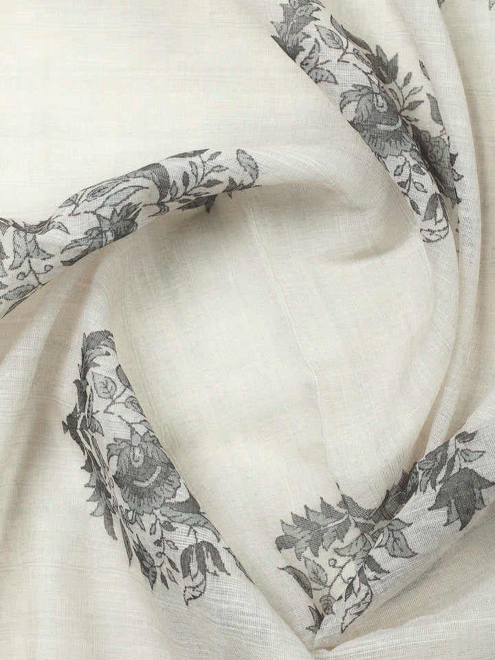 Beige Floral Printed Linen Blend Unstitched Suit &amp; Pant With Linen Dupatta