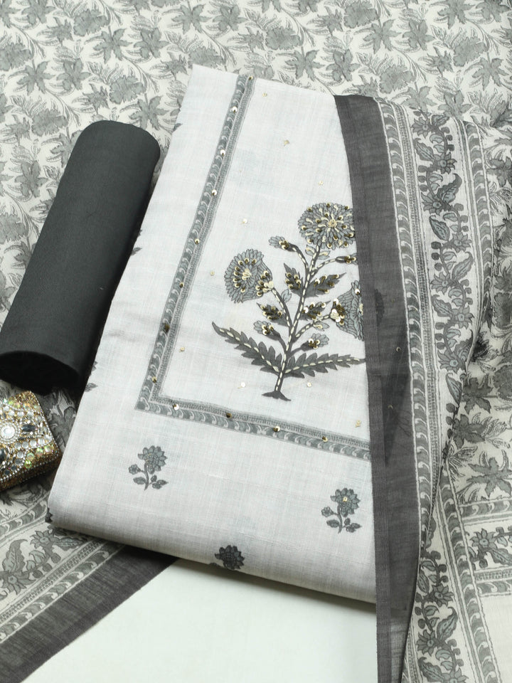 Beige Floral Print Linen Blend Unstitched Suit &amp; Pant With Linen Dupatta