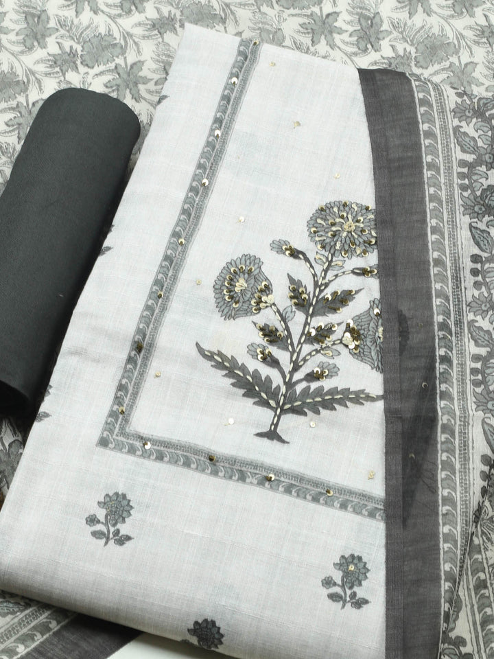 Beige Floral Print Linen Blend Unstitched Suit &amp; Pant With Linen Dupatta