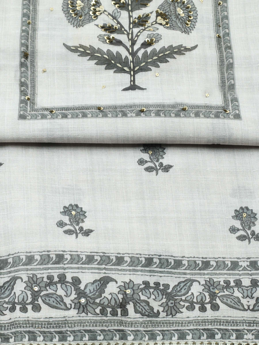 Beige Floral Print Linen Blend Unstitched Suit &amp; Pant With Linen Dupatta