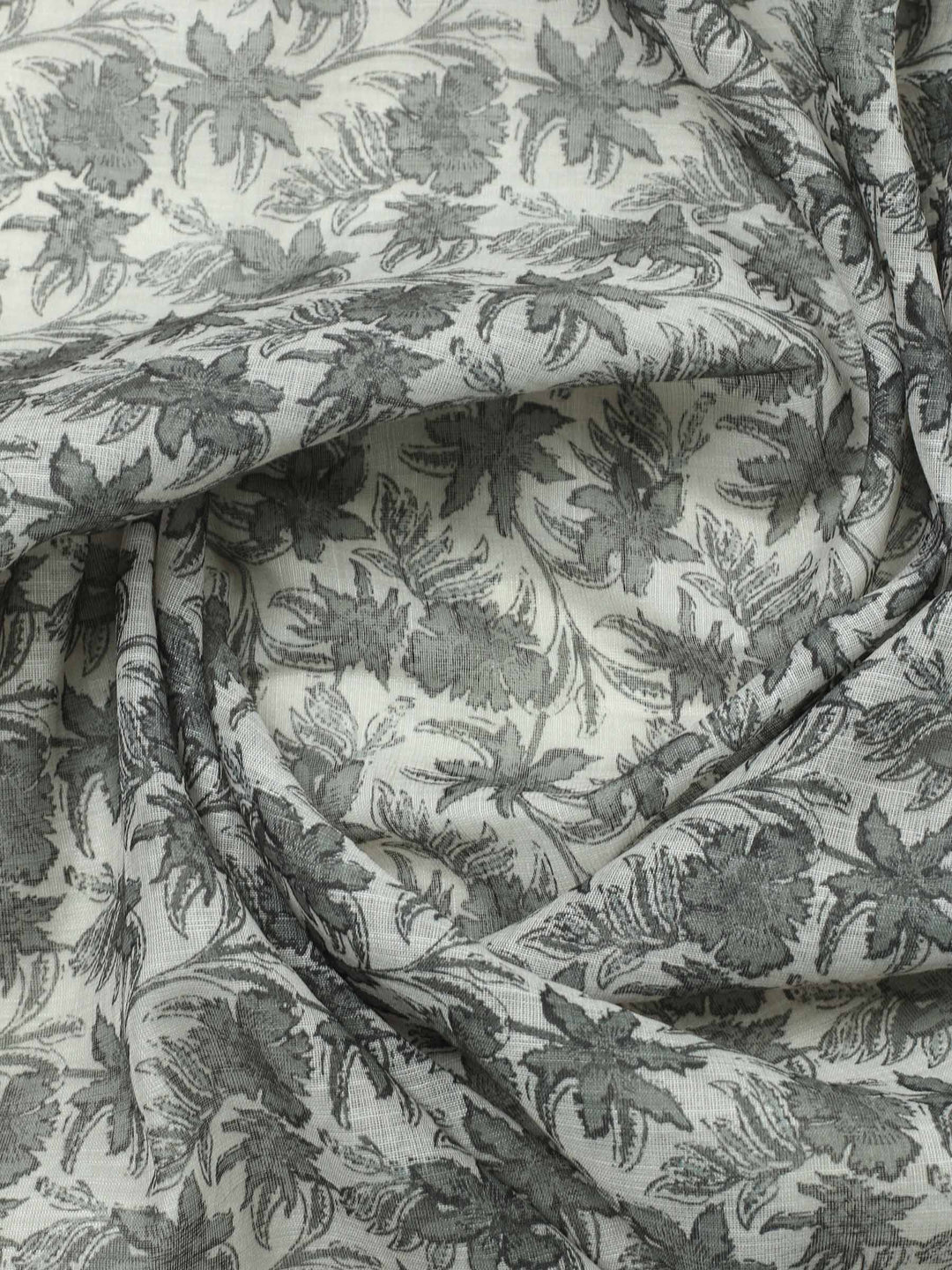 Beige Floral Print Linen Blend Unstitched Suit &amp; Pant With Linen Dupatta