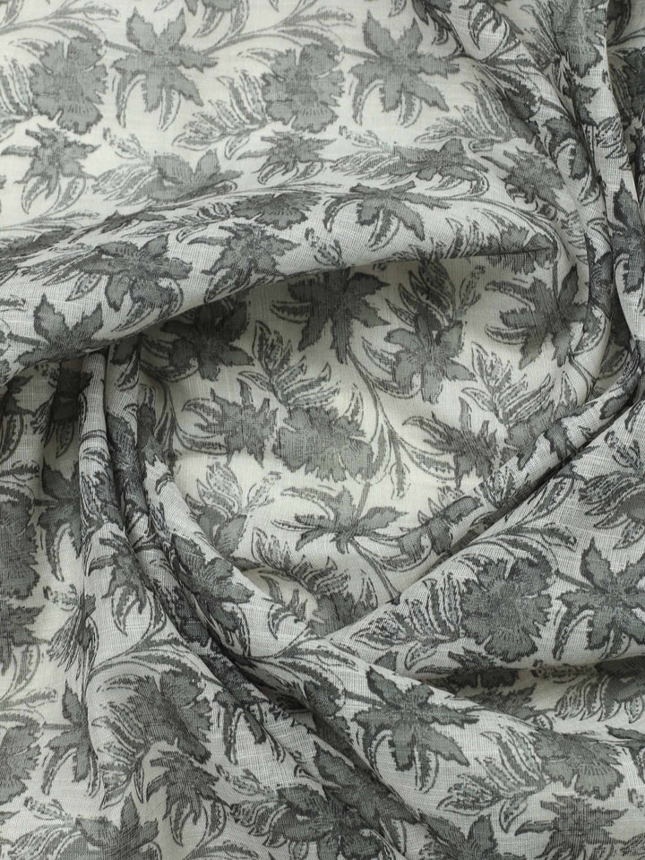 Beige Floral Print Linen Blend Unstitched Suit &amp; Pant With Linen Dupatta