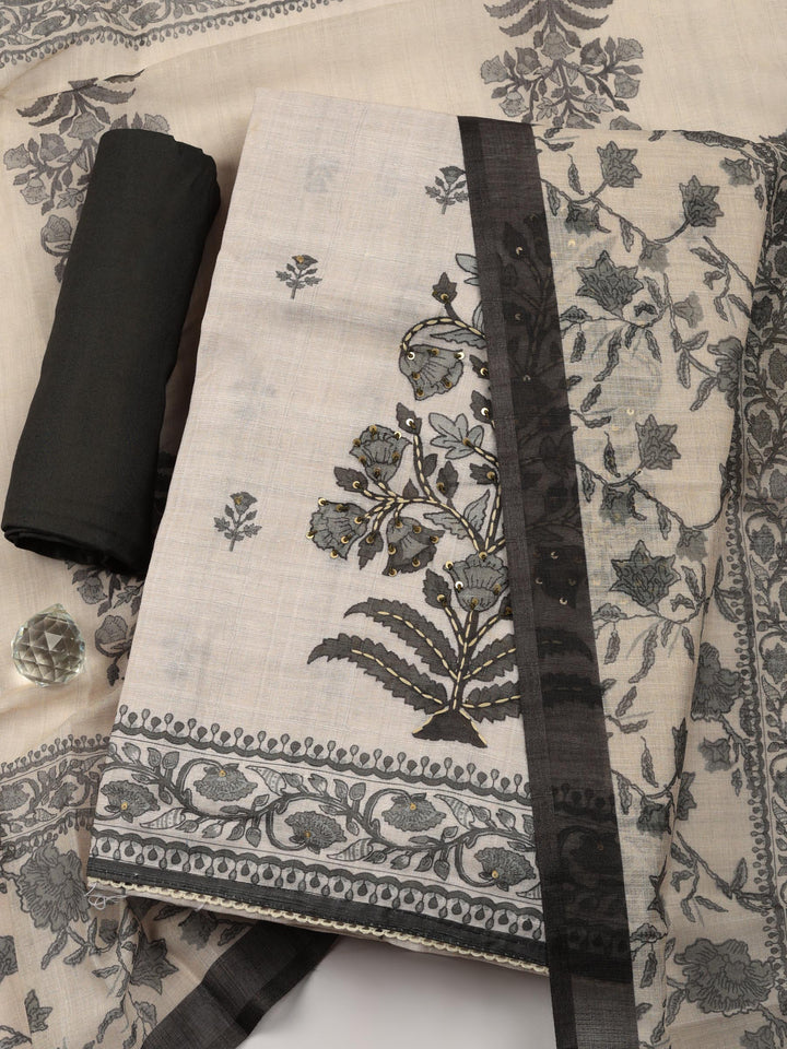 Beige Floral Print Linen Blend Unstitched Suit &amp; Pant With Linen Dupatta