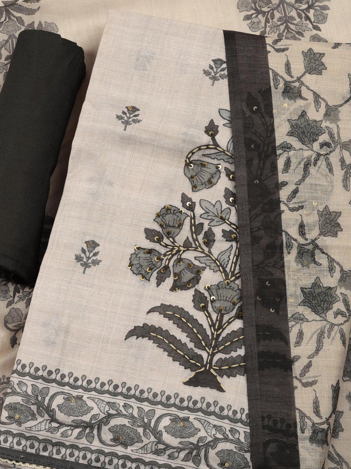 Beige Floral Print Linen Blend Unstitched Suit &amp; Pant With Linen Dupatta