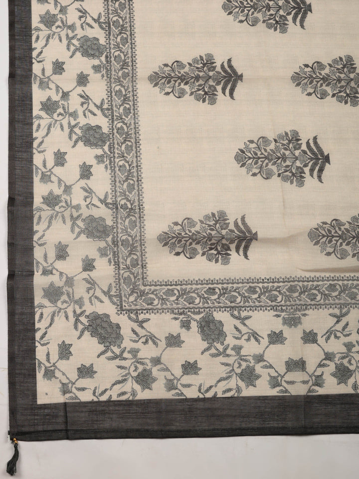 Beige Floral Print Linen Blend Unstitched Suit &amp; Pant With Linen Dupatta