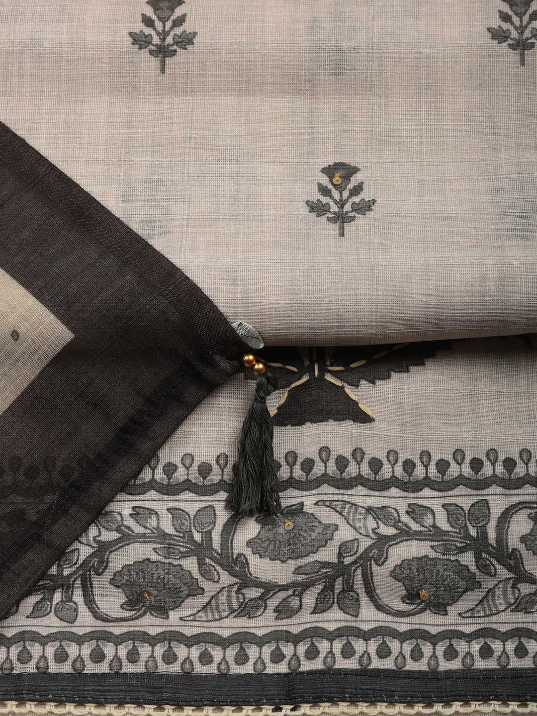 Beige Floral Print Linen Blend Unstitched Suit &amp; Pant With Linen Dupatta