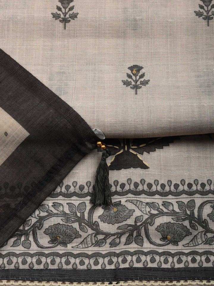 Beige Floral Print Linen Blend Unstitched Suit &amp; Pant With Linen Dupatta